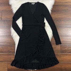 Ganni Size 34 Black‎ Addison Ruffle Dot Mesh Wrap Dress Long Sleeve